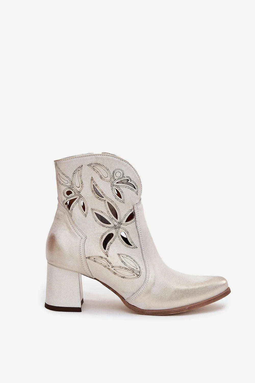 bottines femme cuir naturel métallisé champagne ivoire découpes ajourées feuille talon bloc bout pointu fermeture latérale semelle contrastée marron