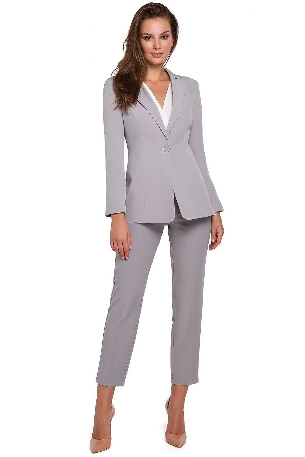 Blazer femme polyester élégant coupe ajustée gris clair tenue professionnelle bureau mode chic polyvalente