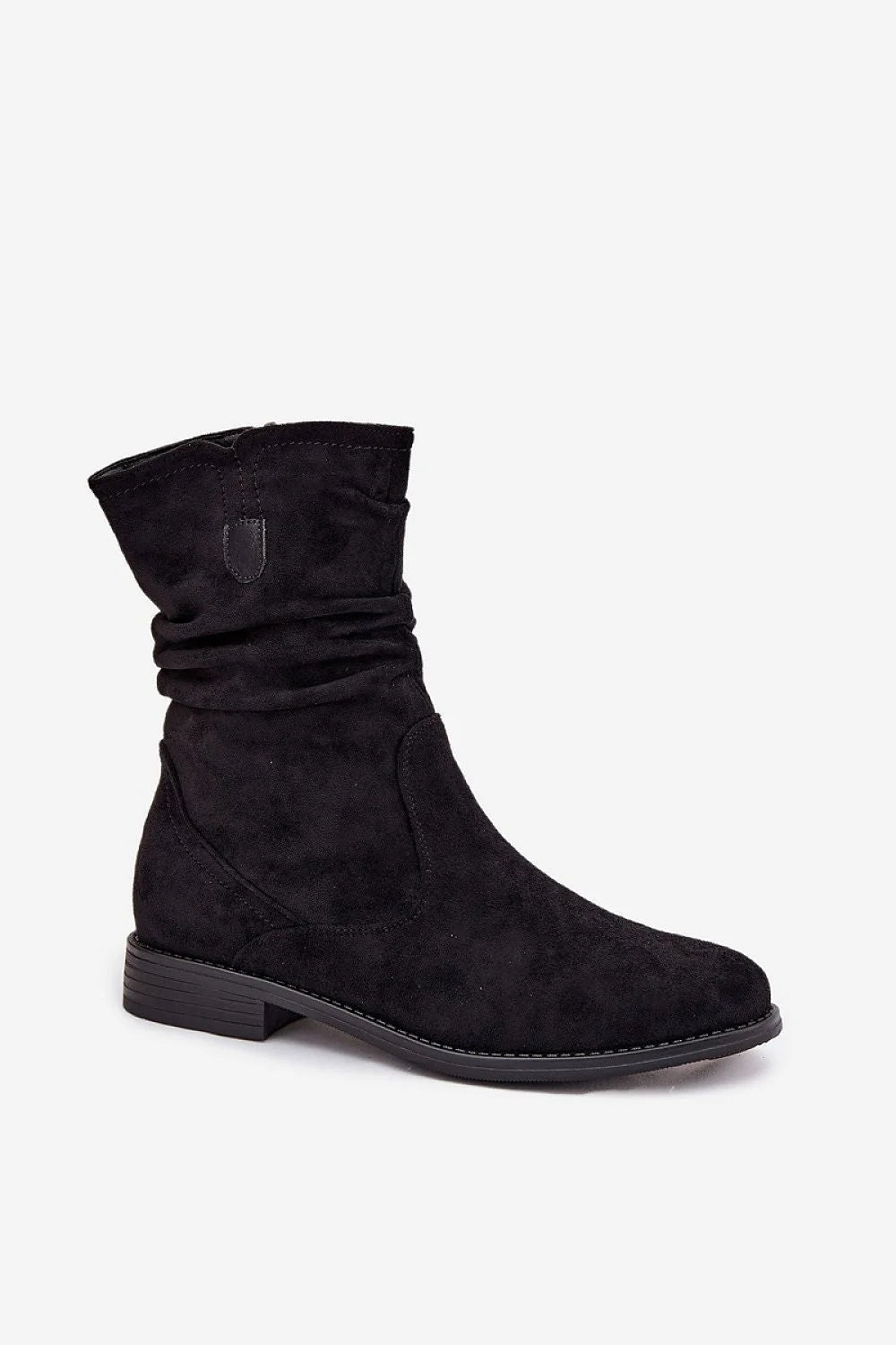bottines femme suédine écologique noir décontractées froncées plissées tige bout rond fermeture éclair latérale talon plat semelle antidérapante
