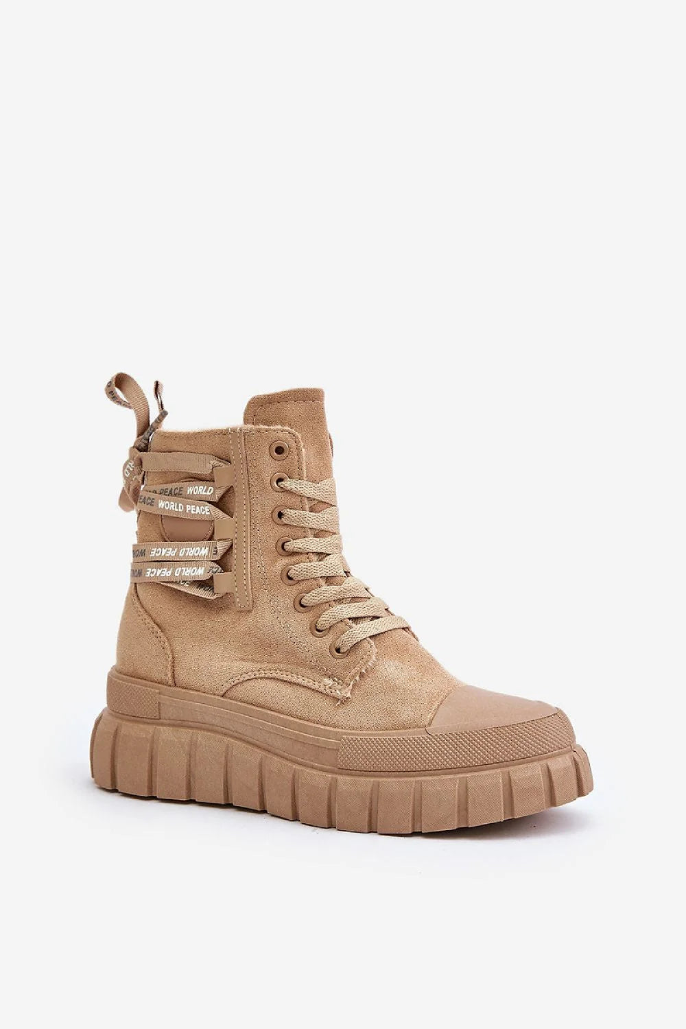 Bottines pour femmes en suède synthétique beige clair style casual tendance avec semelle épaisse crantée et fermeture éclair latérale
