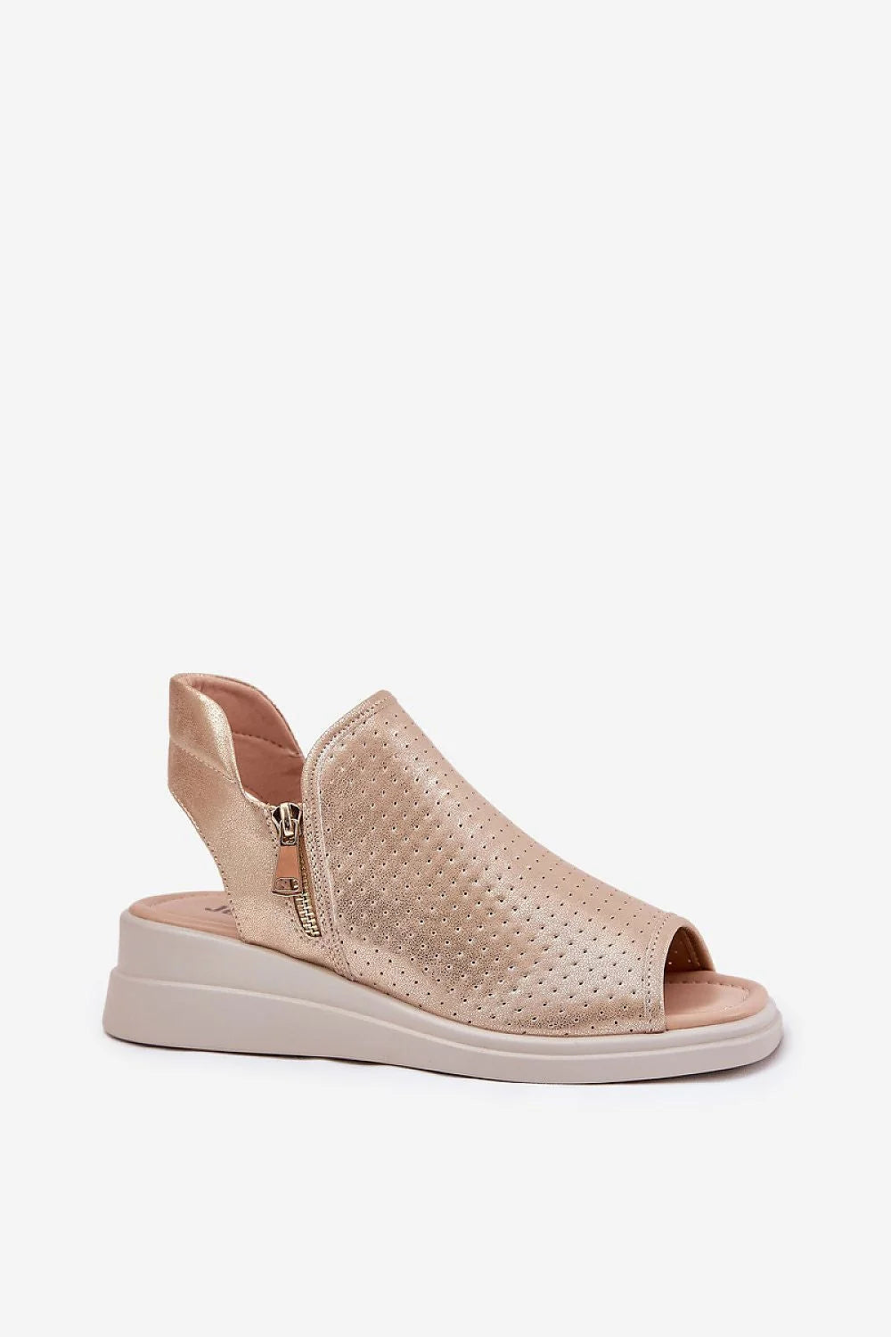 Sandales femmes style moderne dorée perforée cuir artificiel semelle épaisse补偿é fermeture éclair côté été