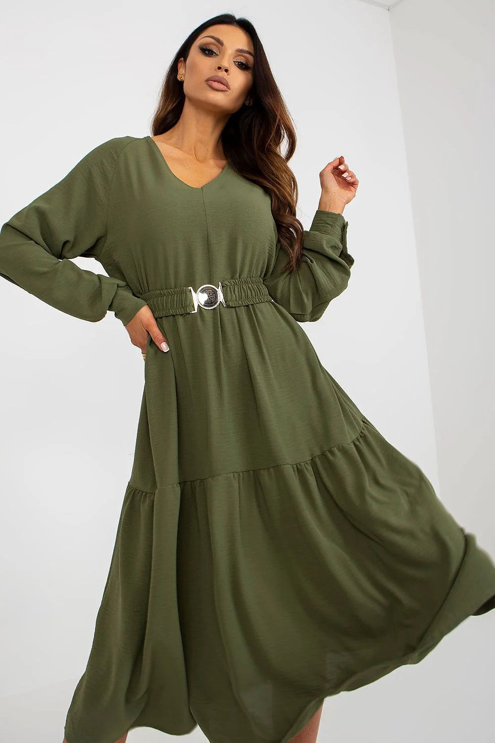 Robe casual femme marron camel V-neck ruffles ceinture longues manches amples coupe fluide mode élégante