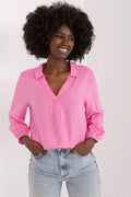 Chemisier Sublevel en viscose rose vif, manches longues élastiquées, col V-shirt, style décontracté moderne, coupe ample pour femmes