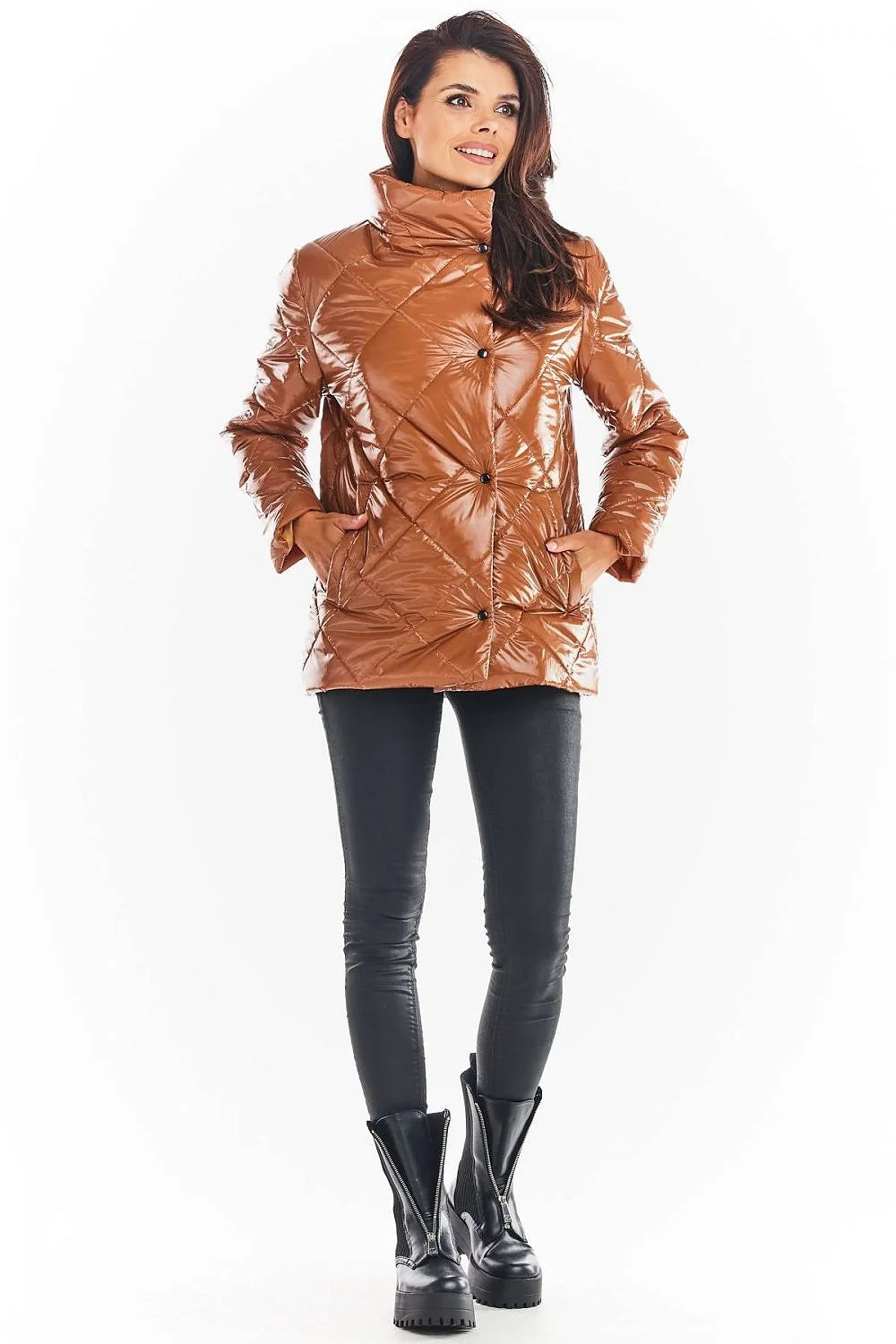 Veste matelassée femme polyester moderne élégante col relevable boutons pression poches latérales hiver stylé