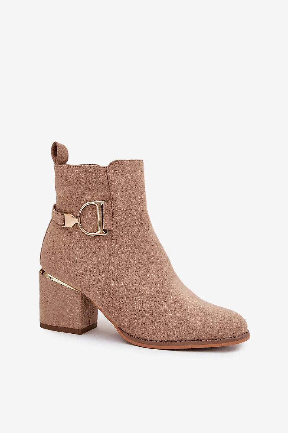 bottines femme suédine écologique taupe bout arrondi talon colonne moyen maintien silhouette élégante doublure douce chaleur confort fermeture éclair dorés