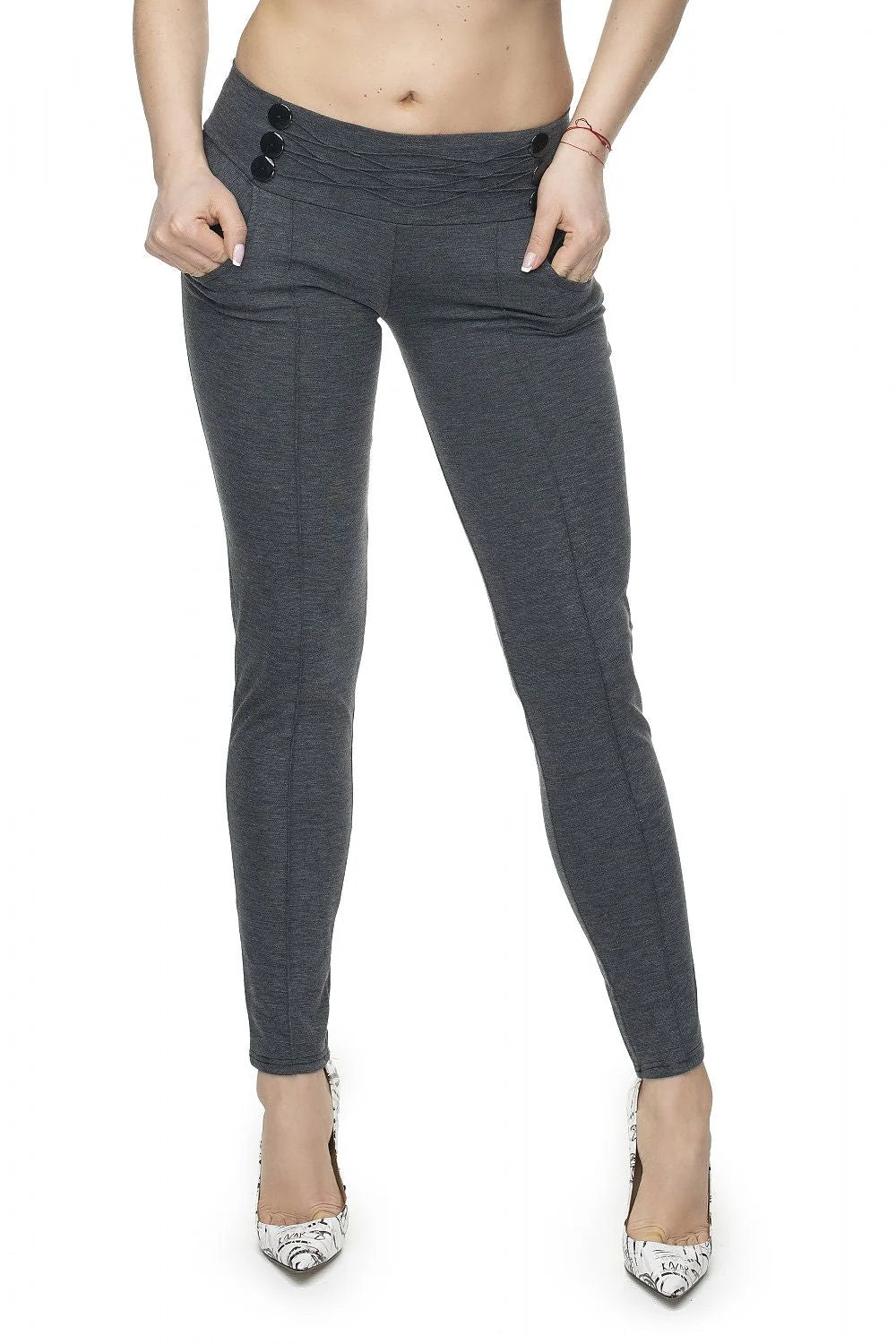 Pantalon long ajusté femme Pee Ka Boo slim fit taille basse boutons décoratifs longueur cheville visuels épurés polyester viscose