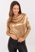 chemisier manches longues col bénitier lamé doré métallisé fluide oversize drapé brillant stretch polyester viscose plis décoratifs raffiné élégant soirée