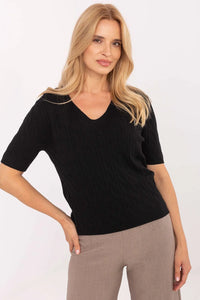 pull femme manches courtes col V noir maille torsadée tricot fin coupe ajustée basique chic bordcôtes