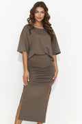 Ensemble de mode féminin élégant et confortable pour femme, coupe ample, jupe crayon, fentes latérales, couleur taupe, tissu doux et respirant