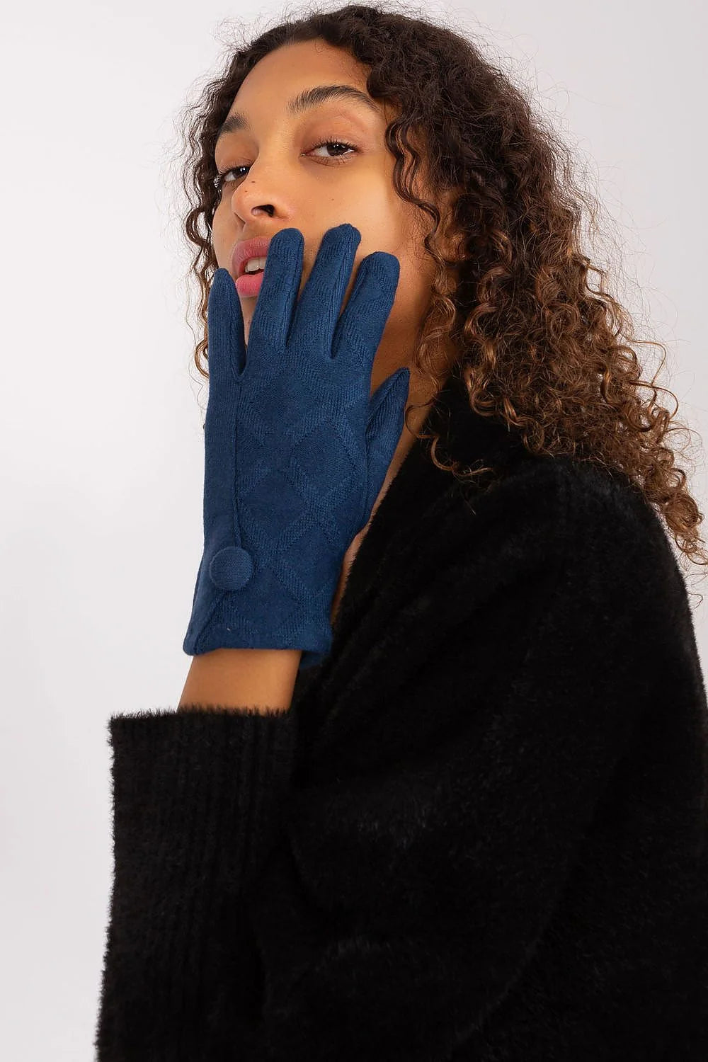 Gants élégants pour femme en tissu isolé bleu foncé motif géométrique boutons décoratifs fleur brodée index téléphone sans enlever coton 60% elasthanne 5% polyester 35% occasions quotidiennes formelles