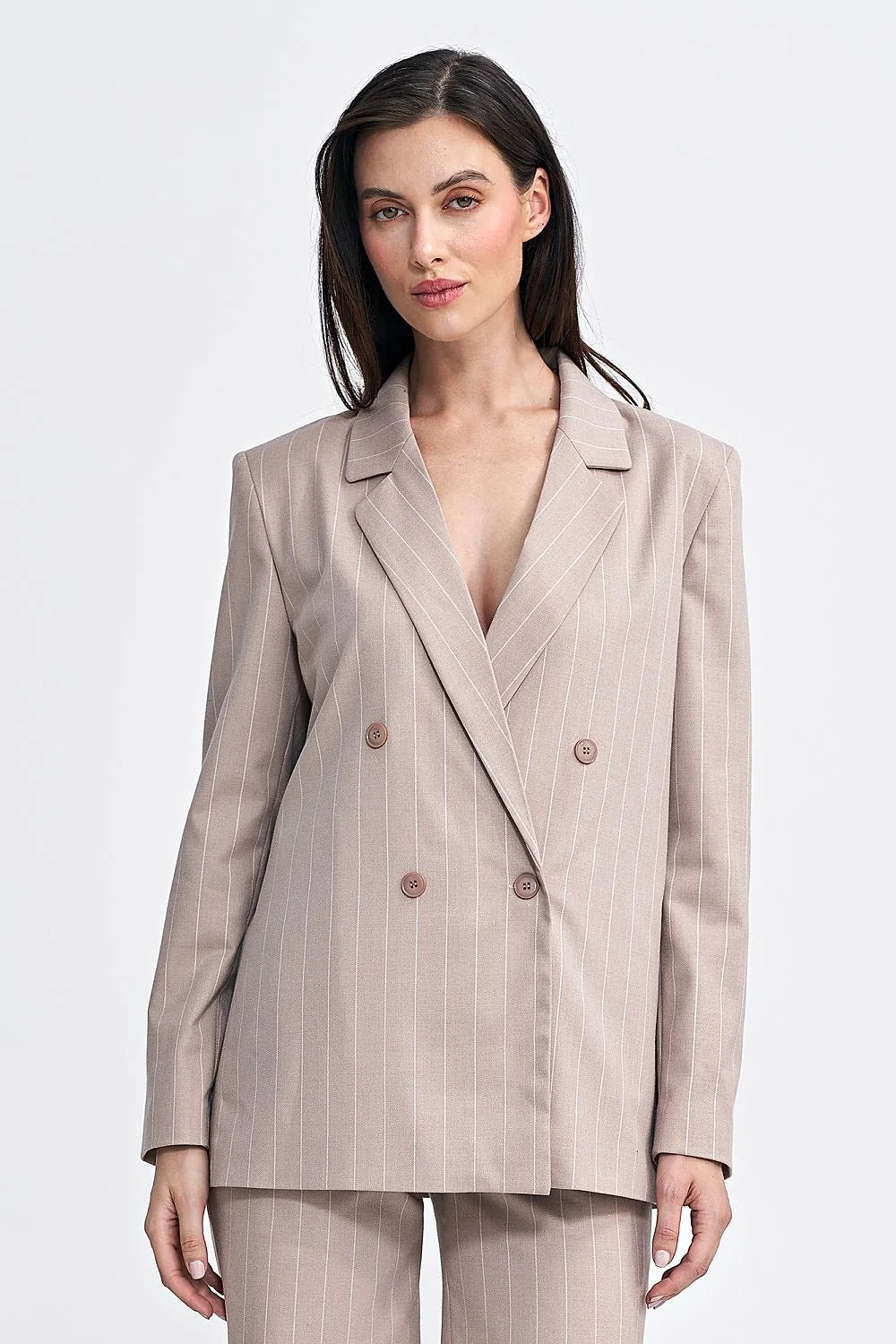 Veste de tailleur pour femme moderne élégante oversize rayures verticales beige rosé polyester viscose élasthanne manches longues boutonnage double