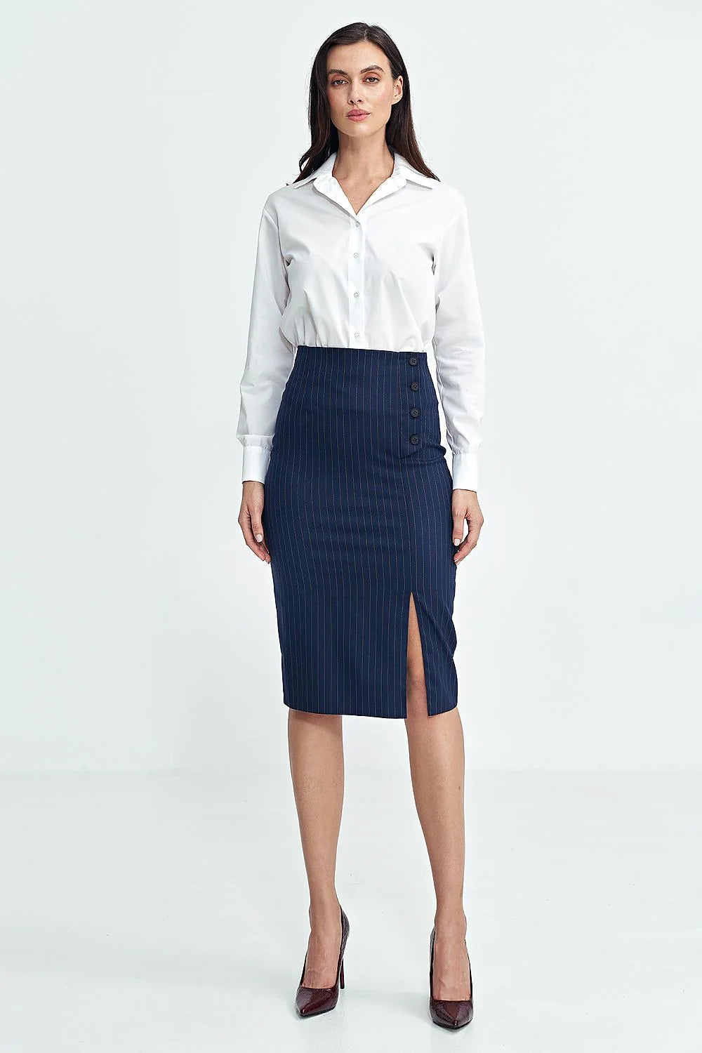 Jupe Nife classique moderne hautes rayures tennis contrastées matières hautes qualité taille haute longueur sous genou fermeture boutons décoratifs fente avant