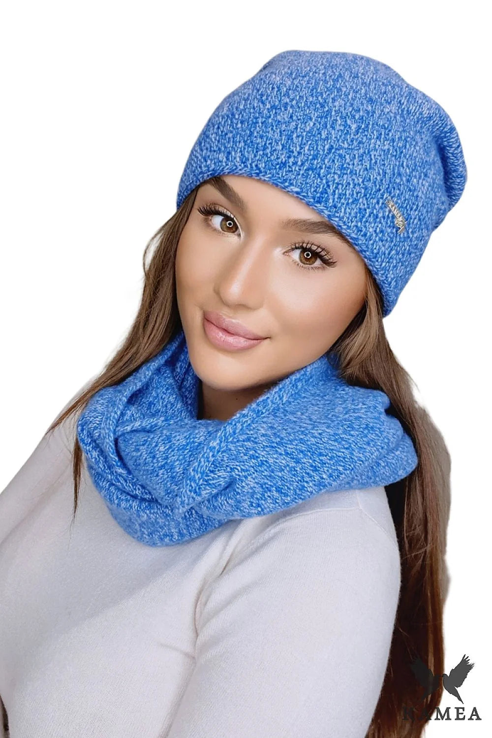 Ensemble Kamea Femme Hiver Élégance Confort Écharpe Tube Bonnet Maille Douce Bleu Chiné Haute Qualité