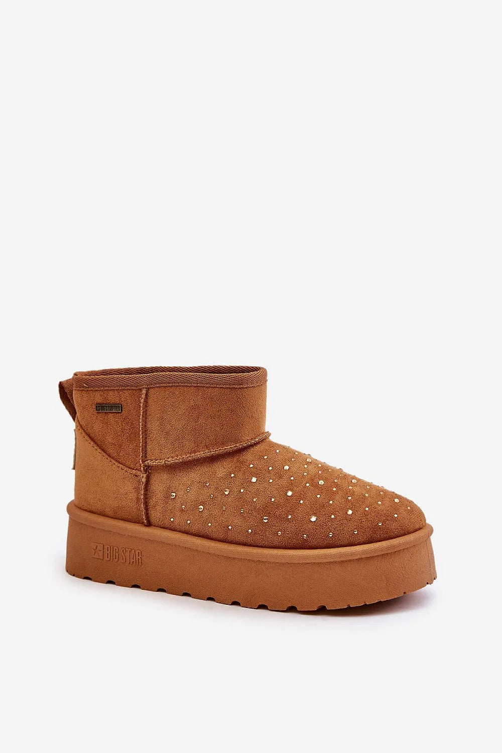 Bottines de neige élégantes pour femmes cuir suédé marron clair fourrure doublure semelle crantée ornement clous dorés