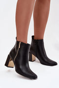 bottines femme simili cuir noir élégantes talon pilier stable confortable bout arrondi fermeture éclair latérale décorative dorée insert miroir
