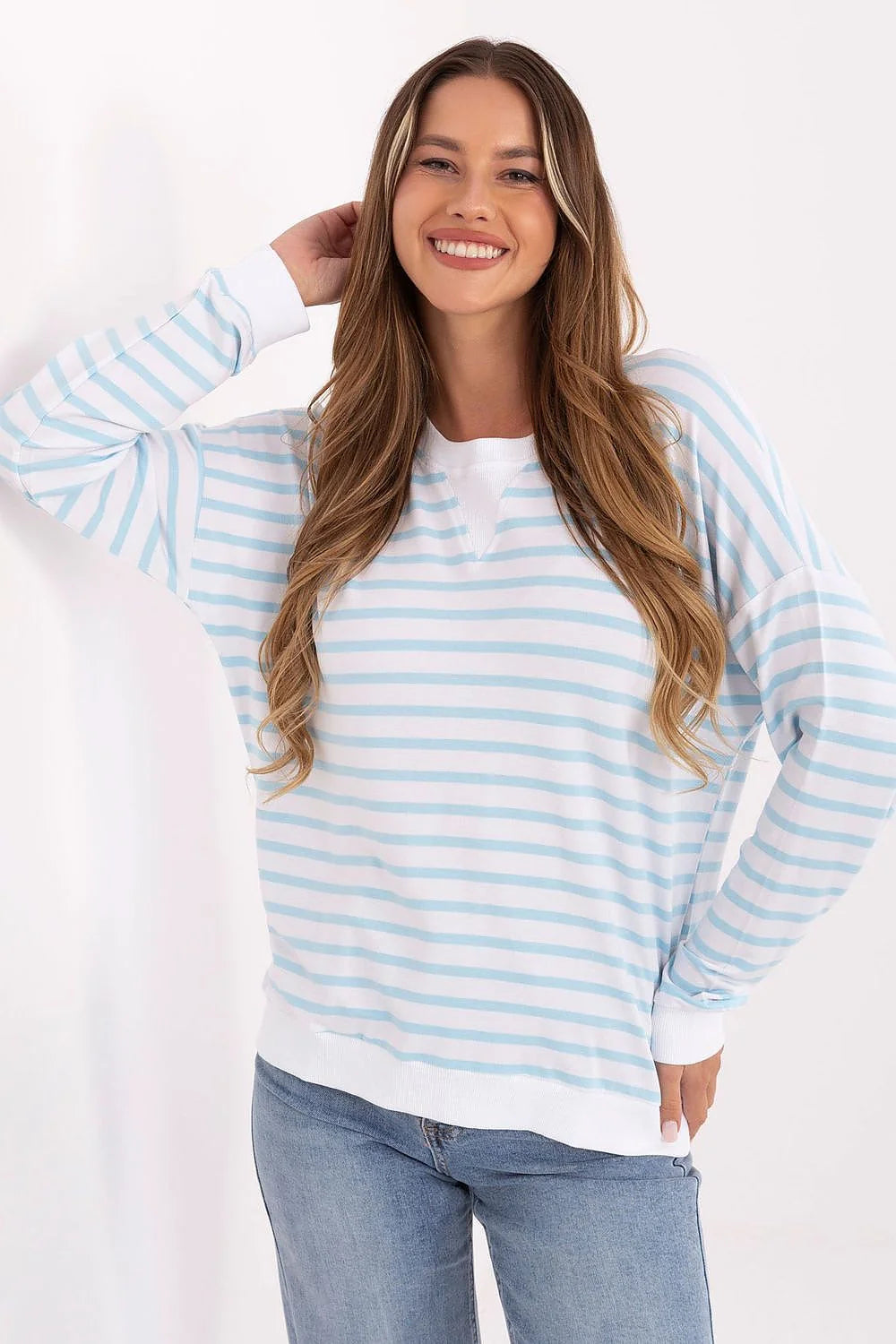 chemisier rayé bleu blanc oversize femme manches longues épaules tombantes col rond poignets côtelés micro modal élasthanne doux confortable
