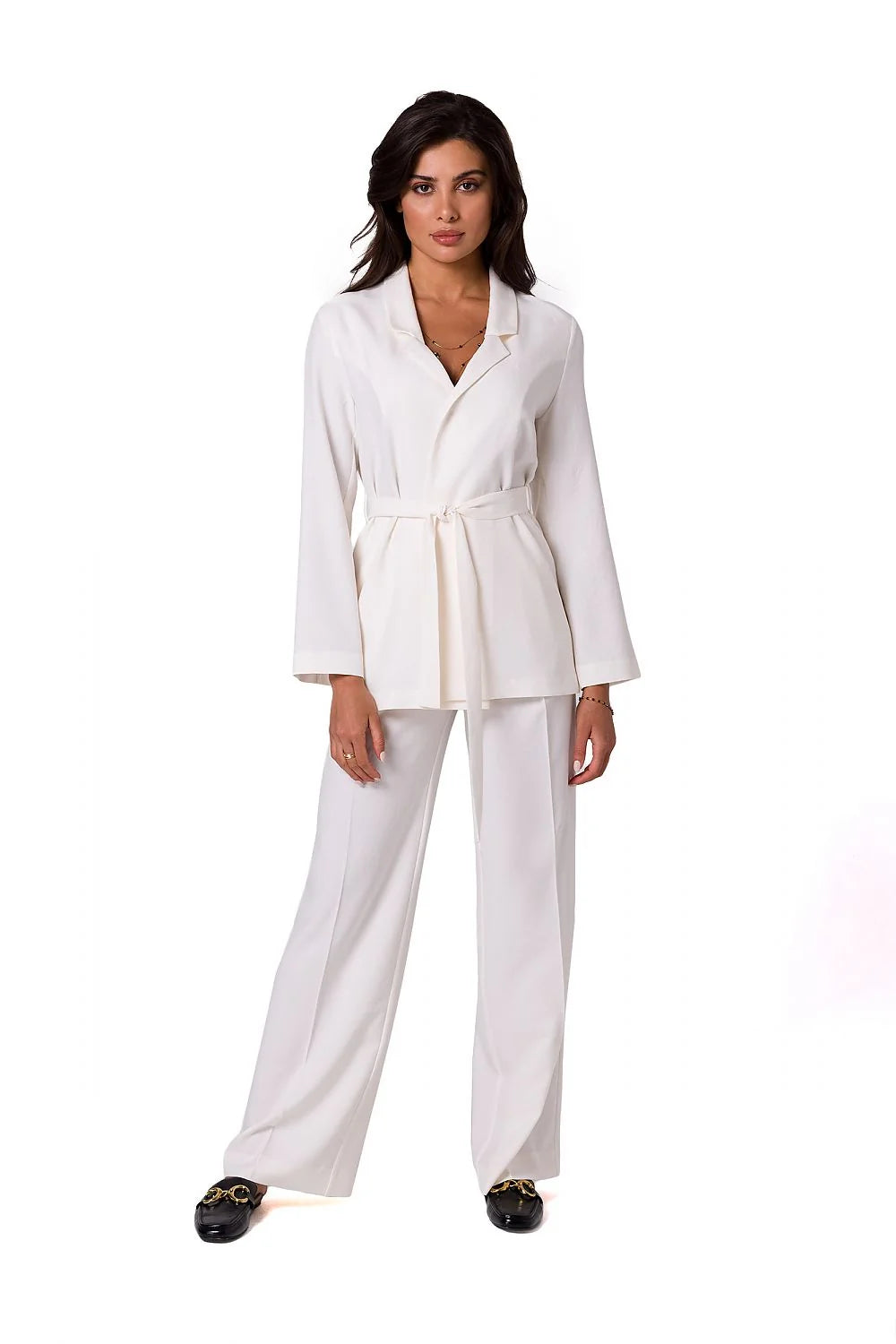 Ensemble femme blazer chemisier manches longues pantalon droit taille ajustable style élégant matériau léger couleur blanc pur