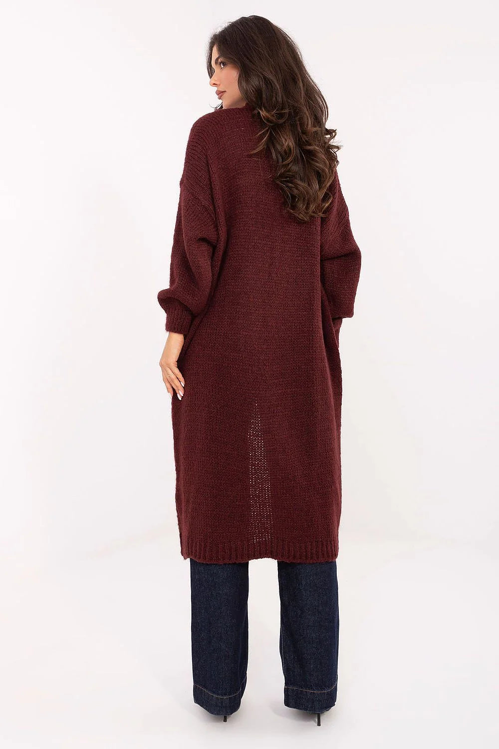 cardigan long femme bordeaux maille épaisse bouclée oversize coupe droite ouverte poches plaquées manches longues bordcôtes poignets ourlet longueur midi