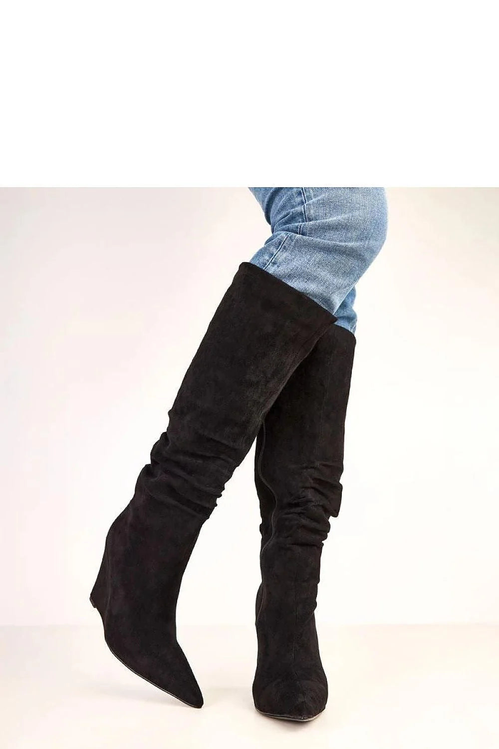 bottes cothurnes femme cuir suédé écologique noir tige 41cm bout pointu élancé talon compensé 11cm froncée fermeture éclair