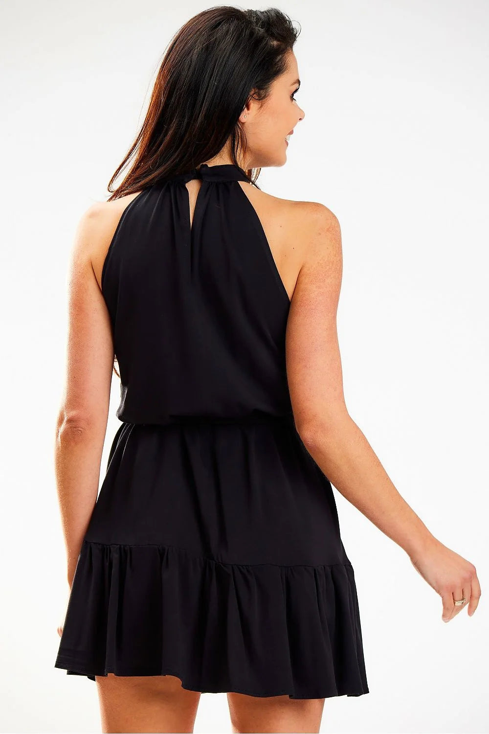 Robe de jour élégante noire sans manches en viscose polyester coupe trapèze ceinture assortie taille ajustable femme