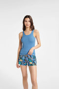 Ensemble pyjama coton léger côtelé bleu motifs tropicaux short court encolure bretelles larges femme