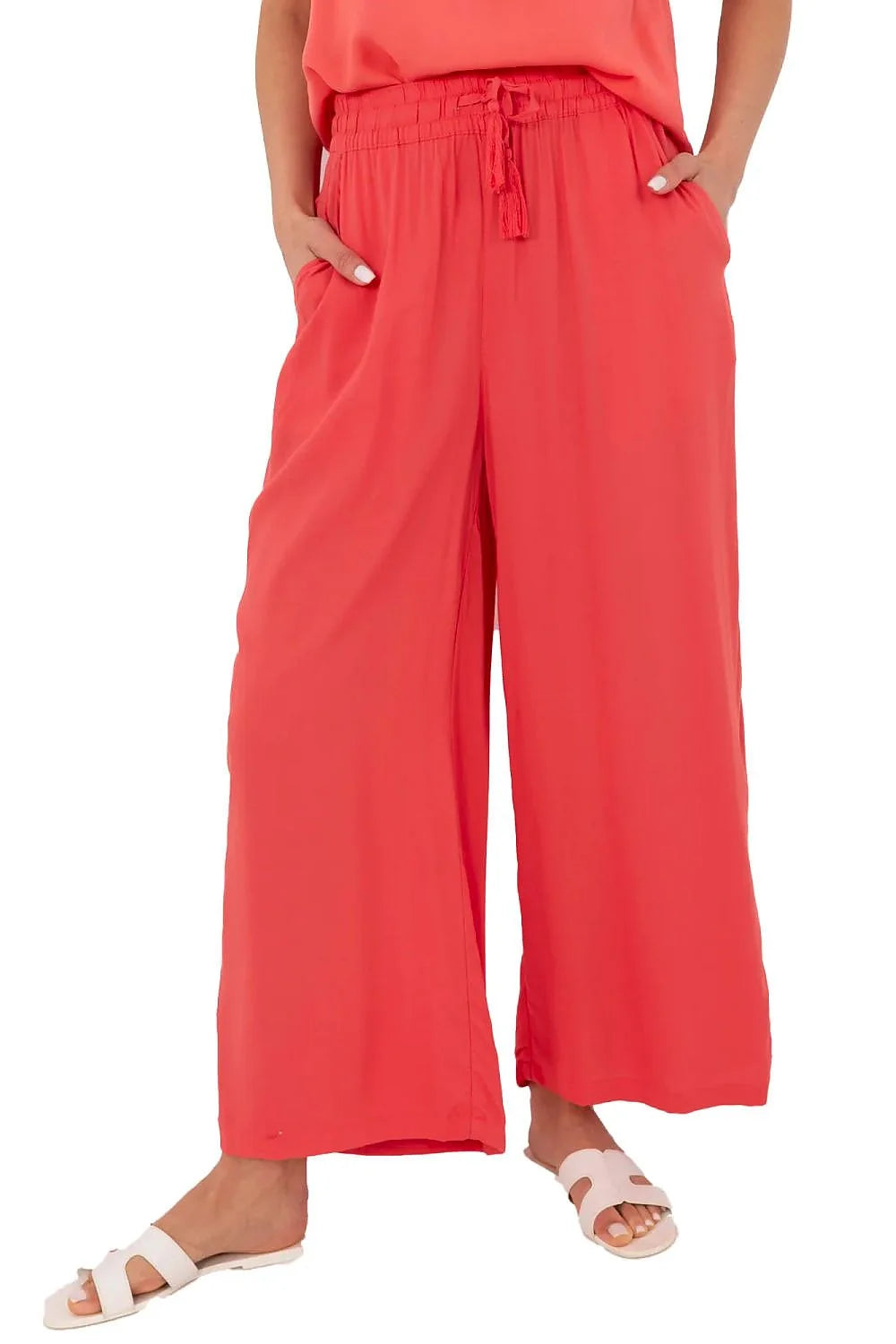 Pantalon femme Sublevel design fluide décontracté coupe large évasée taille haute élastiquée corail vif occasion estivale printanière