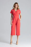 Figl combinaison corail vif cachecoeur manches courtes taille cintrée pinces soignées tissu fluide structuré polyester viscose poches latérales fermeture glissière