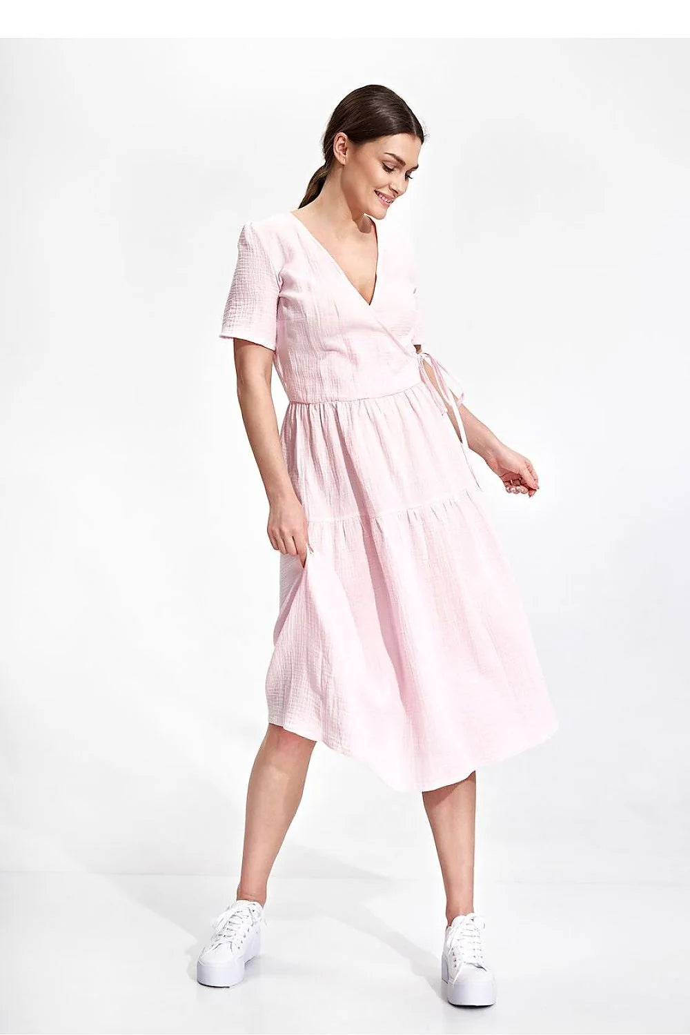 Robe de jour élégante été manches courtes encolure enveloppante coton 100 % taille ajustable femme