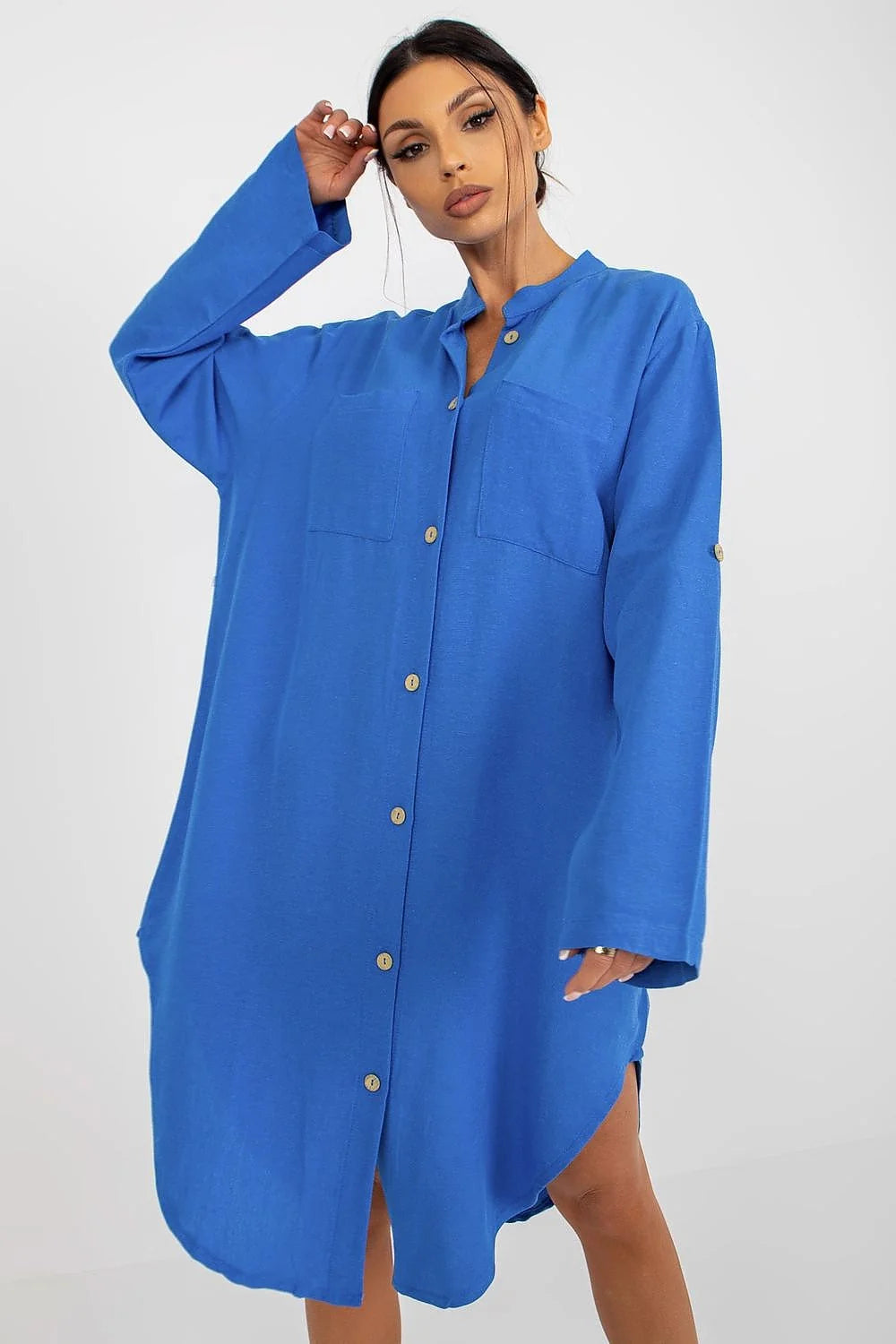 Robe chemise femme style décontracté robe Och Bella coton lin viscose bleu vif taille ajustable manches longues poches poitrine