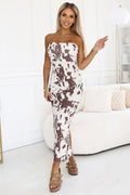 Robe tube audacieuse Numoco motif taches marron blanc cassé sans bretelles ajustée midi femmes occasionnels décontractées