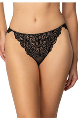 brésilienne noir dentelle florale tanga taille basse échancrée résille festonnée anneaux décoratifs maintien léger respirant confortable sexy élégant luxueux