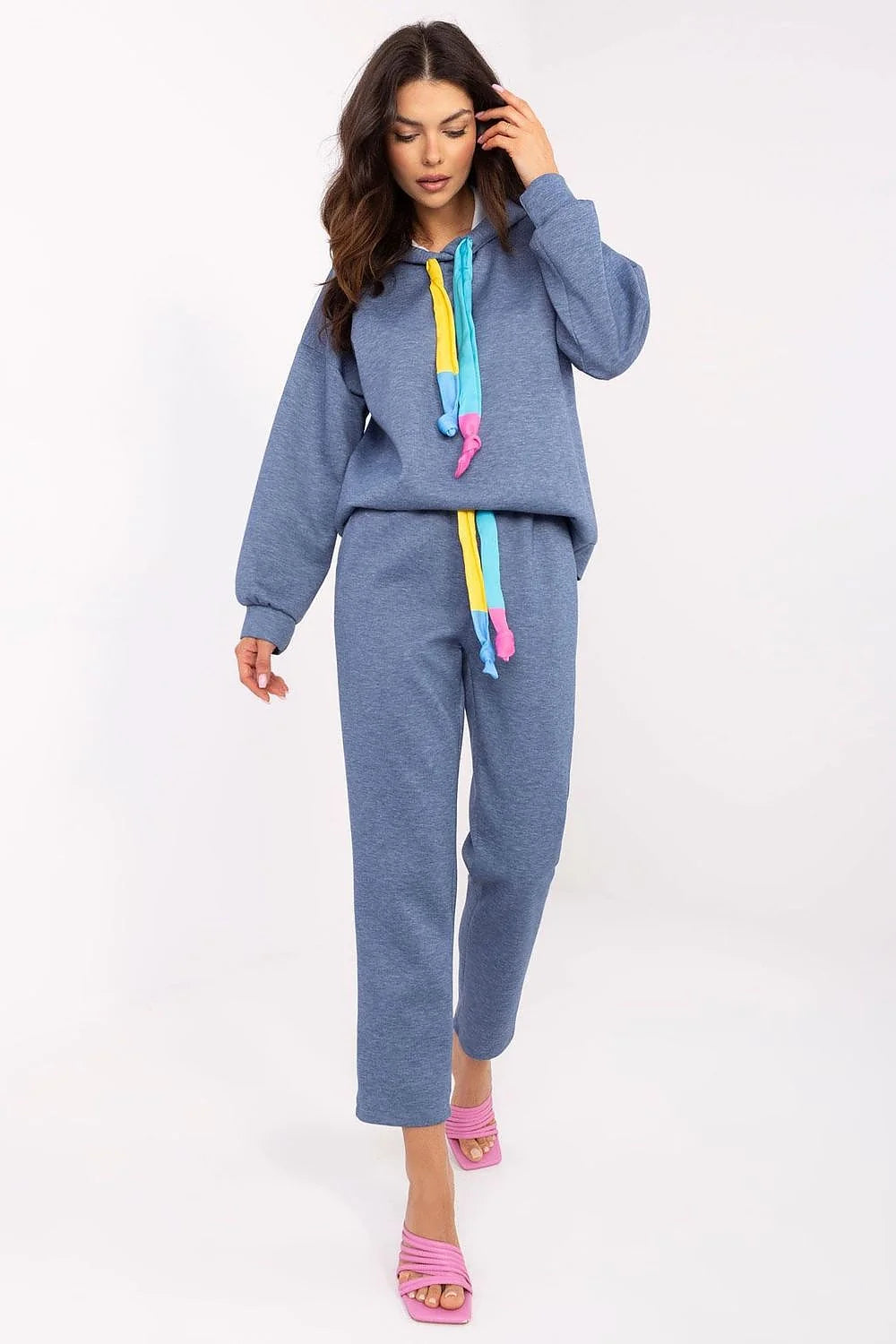 ensemble Italy Moda femme sweat capuche pantalon bleu chiné oversize jogger jersey doux cordons multicolores confortable