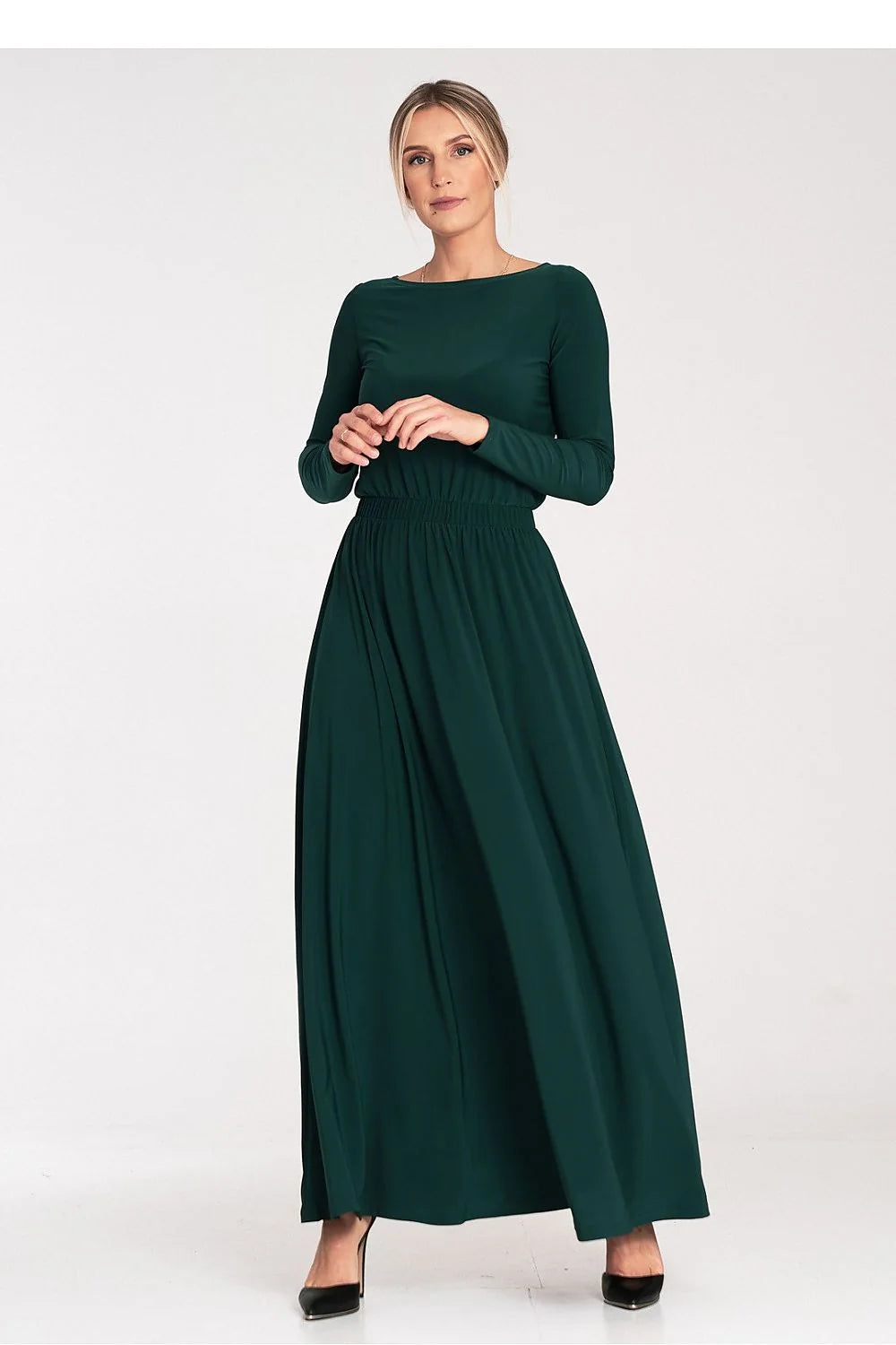 robe jour élégante verte foncée manches longues col bateau taille élastique maxi fluide soyeuse extensible confortable