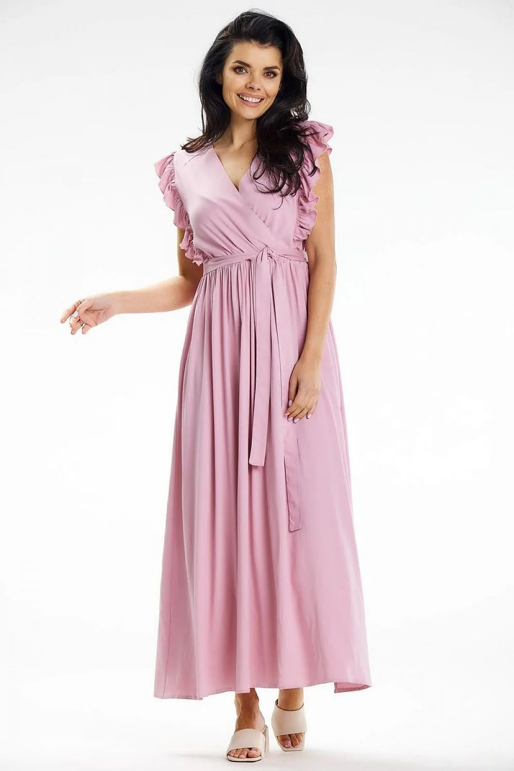 robe maxi longue rose poudré élégante cachecoeur encolure manches volantées ceinture nouée taille cintrée jupe plissée fluide viscose elasthanne