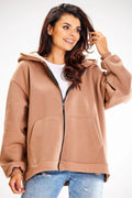 sweatshirt femme ample zippé capuche poches kangourou coton élasthanne oversize molleton doux camel taupe manches tombantes zip métallique