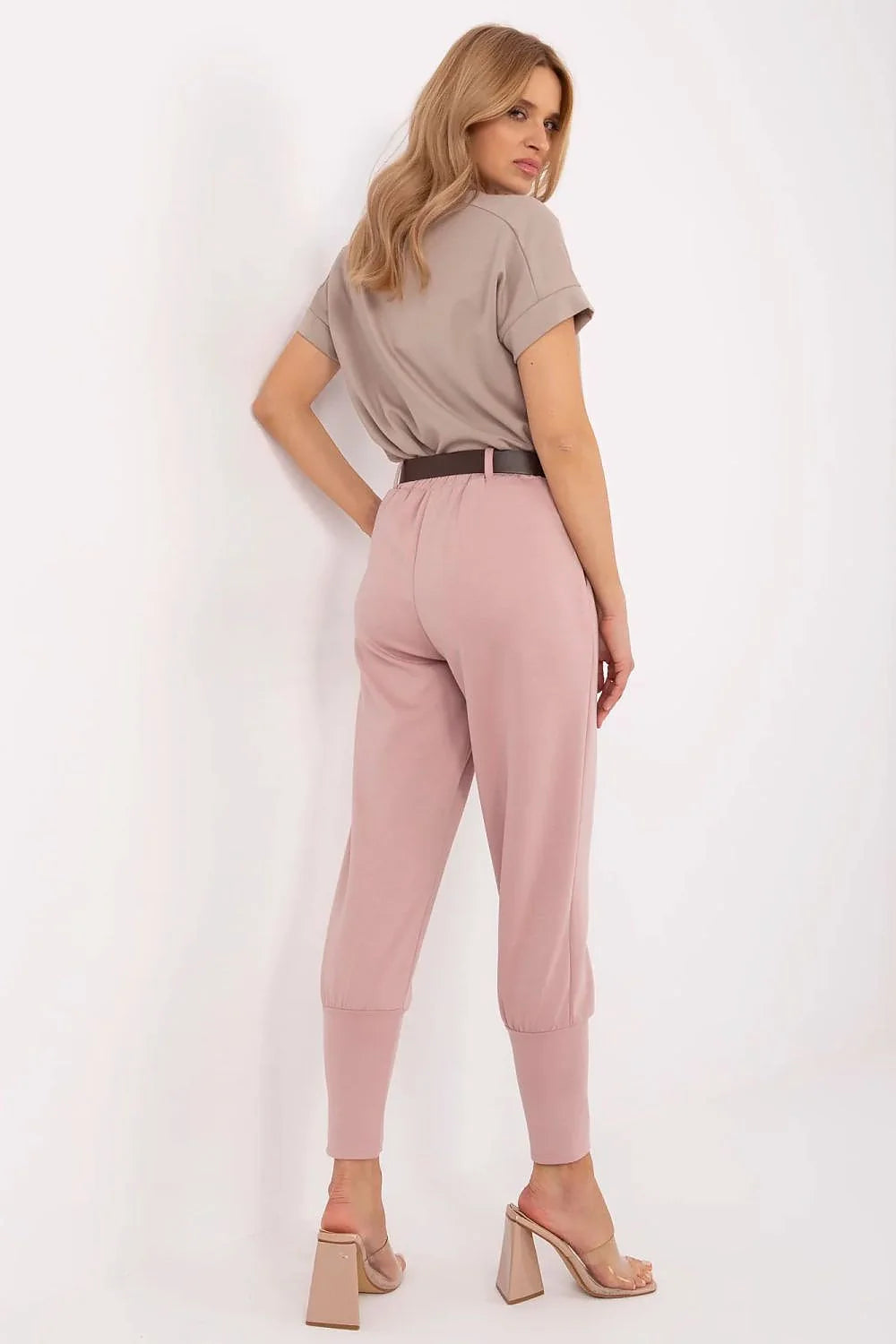 Pantalon survêtement élégant pour femme taille haute coupe droite rose pastel matelassé polyester viscose élasthanne