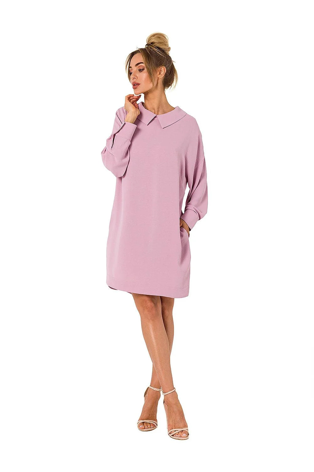 Robe de jour Moe courte femme tissu fluide couleur brun terreux manches longues poignets boutonnés col à revers