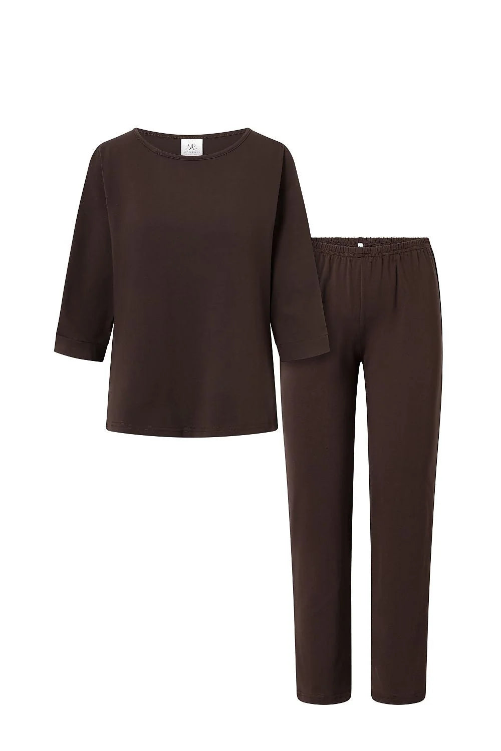 Pyjama féminin Momenti Per Me en deux pièces couleur marron foncé manches 3/4 col U pantalon slim femme