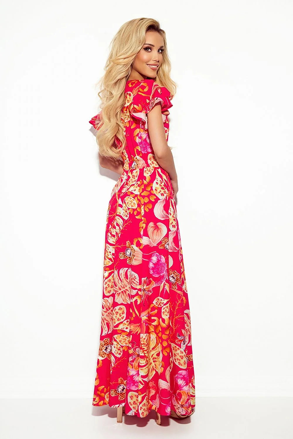 Robe de cocktail longue encolure en V manches courtes flottantes motif floral tropical couleurs vives taille ajustable femme polyester 95 elasthanne 5