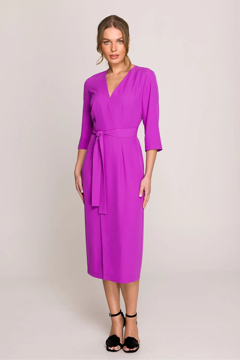 robe midi femme élégante violette fuchsia coupe droite effet cachecoeur col V manches troisquarts ceinture nouée