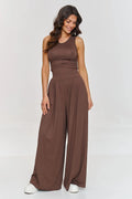 makadamia ensemble chic moderne marron chocolat femme débardeur ajusté pantalon palazzo taille haute jersey extensible coton élasthanne