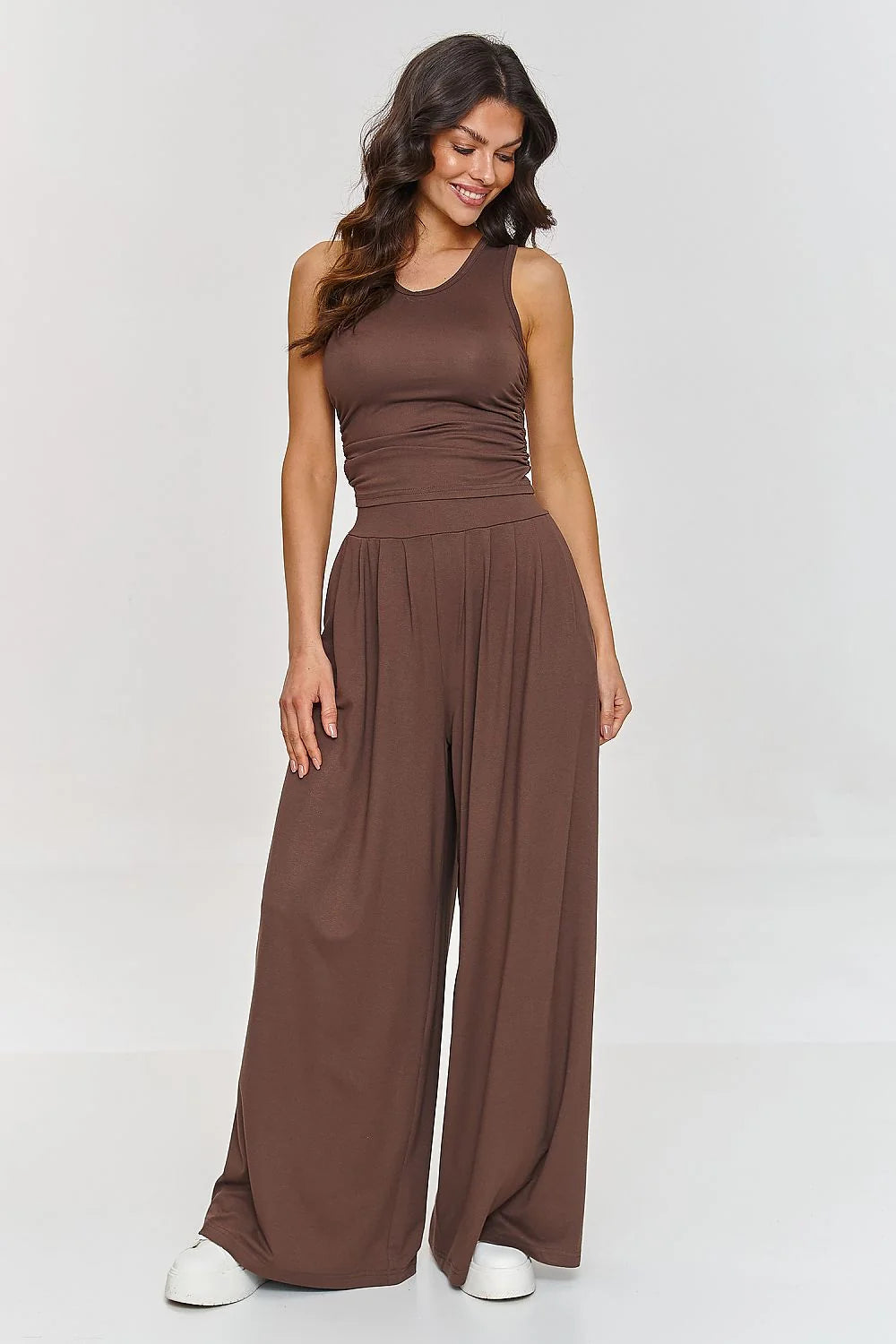 makadamia ensemble chic moderne marron chocolat femme débardeur ajusté pantalon palazzo taille haute jersey extensible coton élasthanne