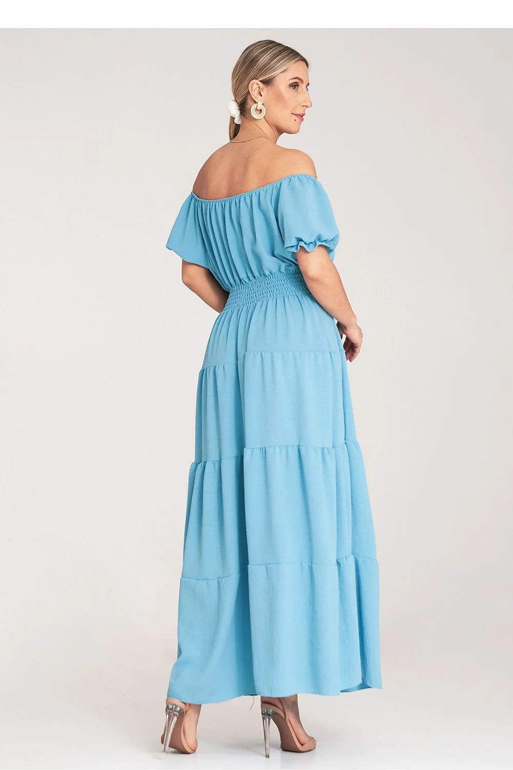 Robe de jour bohème style Bardot manches bouffantes tissu léger bleu ciel polyester elasthanne femme été occasion décontractée