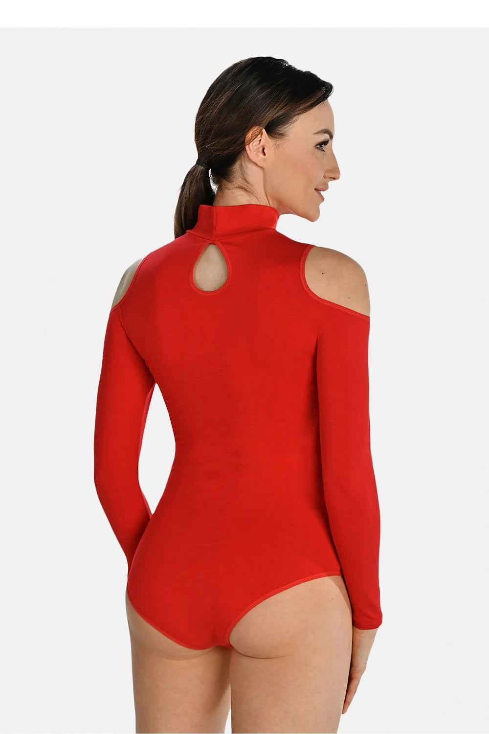 Body sophistiqué pour femme épaules ouvertes manches longues col montant rouge vif tissu extensible coupe près du corps
