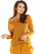 haut femme maille côtelée moutarde ocre coupe ample décontractée encolure asymétrique bateau épaule dévoilée manches longues extensible fin confortable polonaise