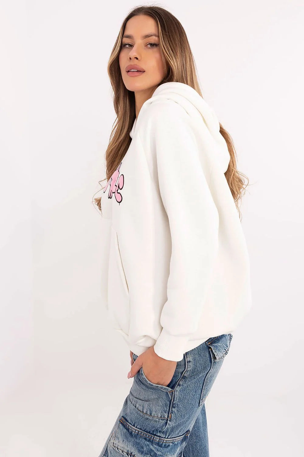 Sweatshirt femme moderne casual off-white rose graffiti coton polyester loose fit kangourou pocket capuche sans corde