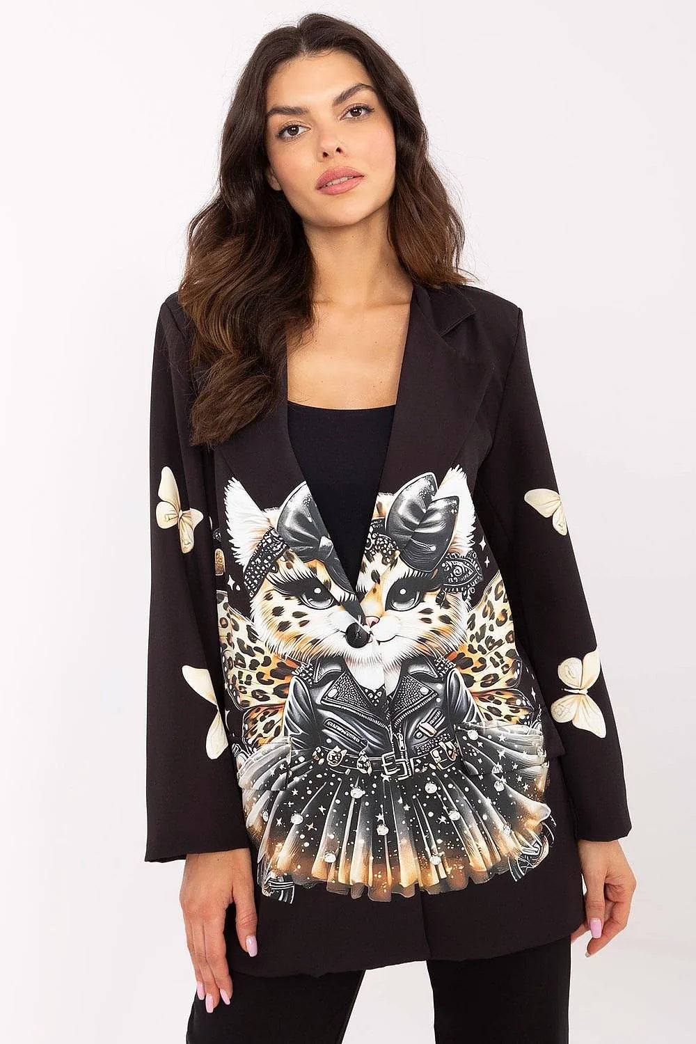 Veste pour femme moderne design artistique coupe droite longue manches noire imprimé animalier