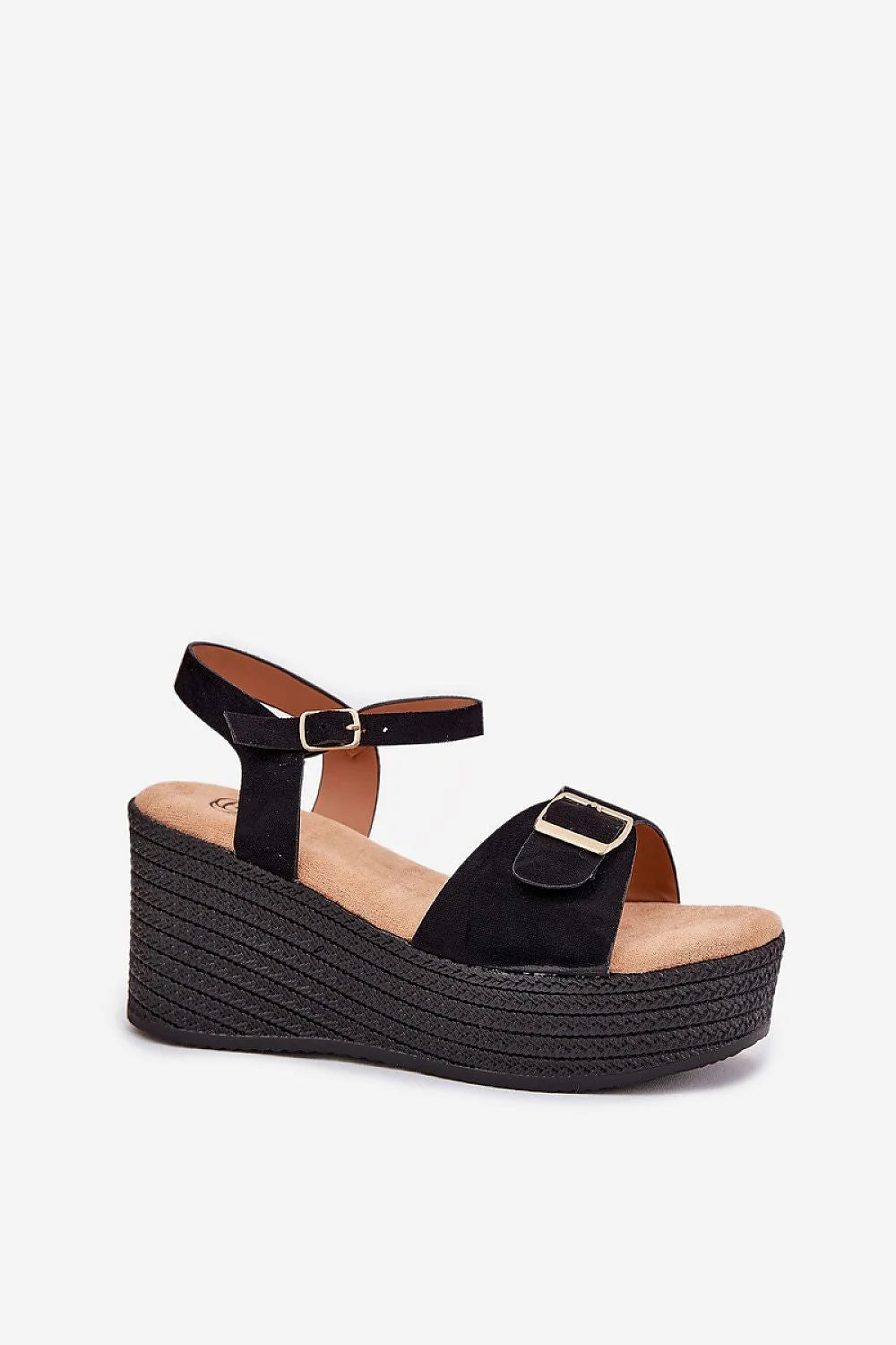 sandales femme élégantes talon compensé plateforme espadrille noire dorée suédée écologique semelle tressée rembourrée confort boucle réglable cheville bride chic