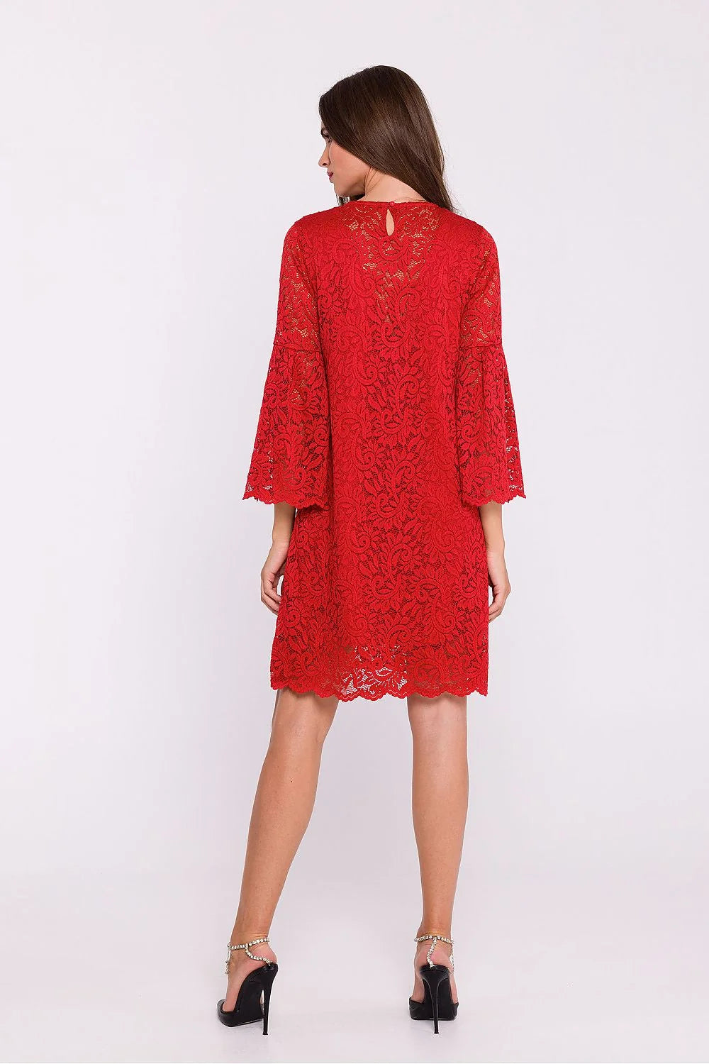 Robe de soirée Stylove en dentelle rouge manches 3/4 évasées neckline rond genou court pour femmes élégance occasion spéciale