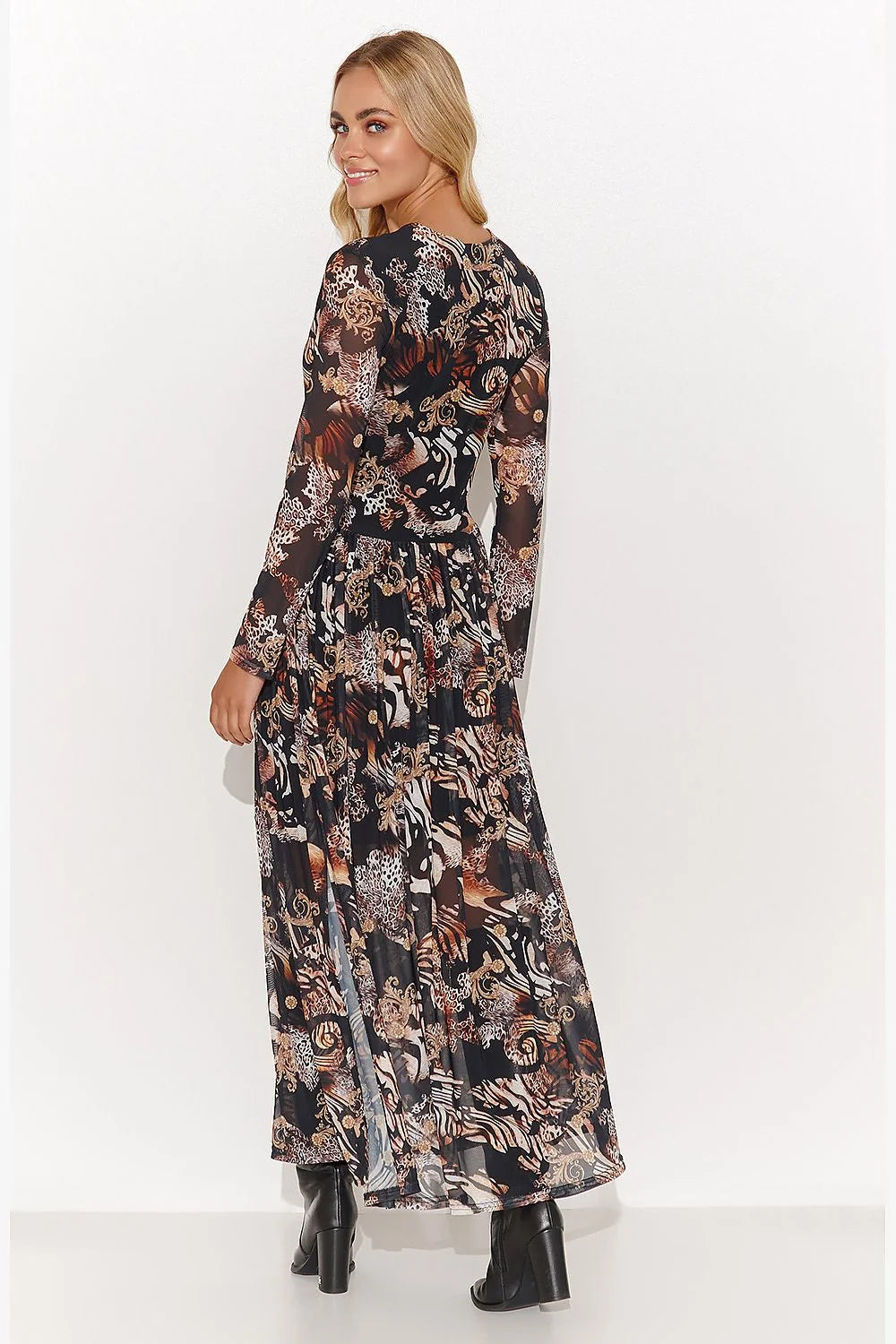 Robe longue Makadamia en tissu léger imprimé floral et animal print manches longues en V silhouette A-line pour femme